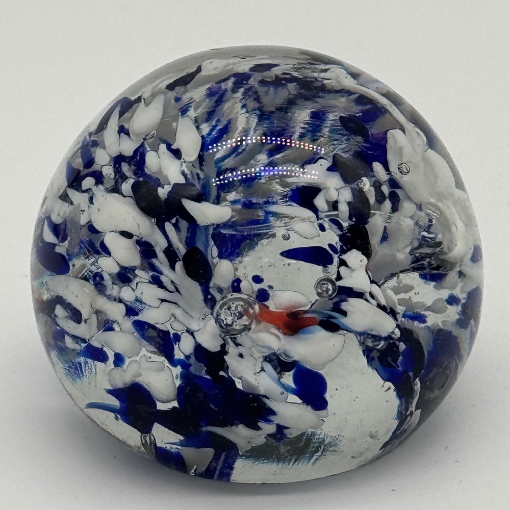 Vintage Murano Italy Art Glass Paperweight Red White Blue Ribbon Flower Bubble